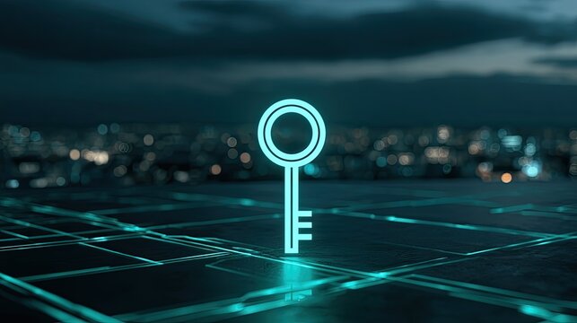 Glowing digital key illuminates futuristic city grid at dusk