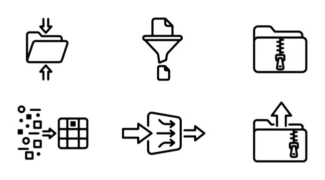 Data Compression and File Management Icons: Folder Upload, Download, Zip, Unzip, Filtering, and Data Transformation Vector Set