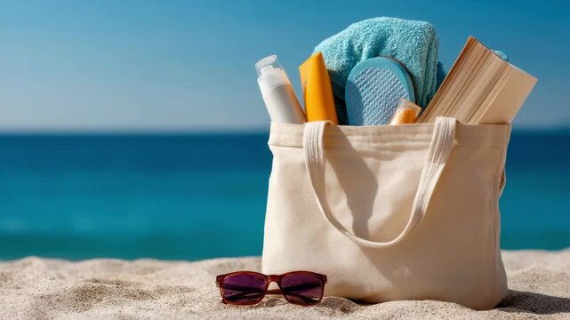 Beach bag with summer essentials on sandy shore in front of ocean waves Open beach bag on the sand filled with sunscreen sunglasses towel book and flip flops ocean in background