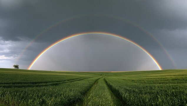 A vibrant double rainbow arcs over a lush green field with a lone tree