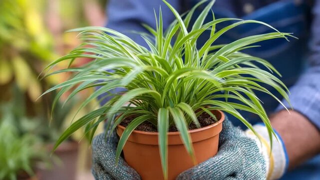 Gardener holding spider plant in terracotta pot with gloves outdoors in garden Protect Plants from Heat Stress concept of home gardening and plant care