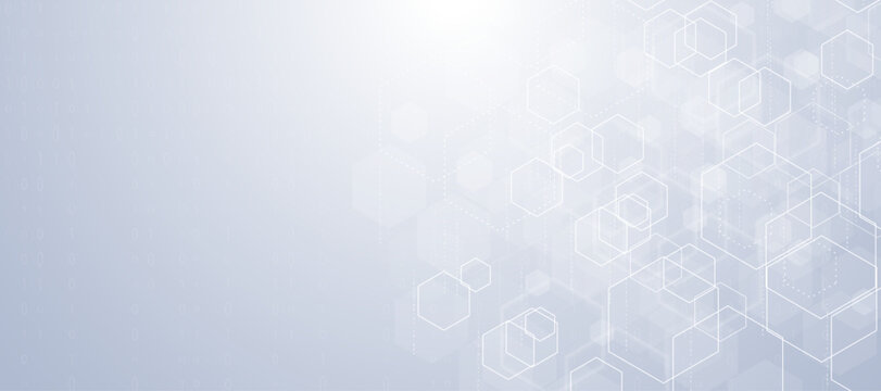 Clean white and light gray technology background featuring geometric hexagons and falling binary code.
