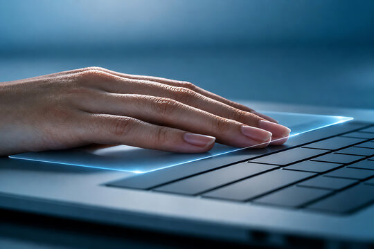 Hand on Laptop Touchpad with Blue Light Effect