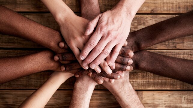 Diverse hands stacked together, symbolizing unity and collaboration on wood