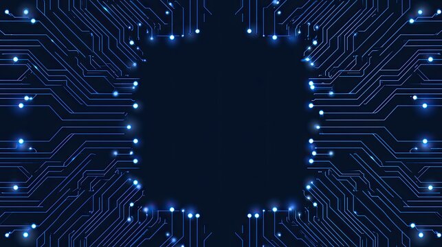 Glowing blue circuitry radiates outwards on a dark background