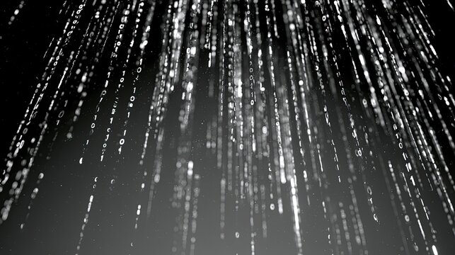 Digital rain of binary code particles cascading down from above