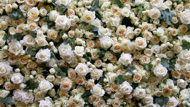 A densely packed floral wall of creamy white and peach roses with green foliage