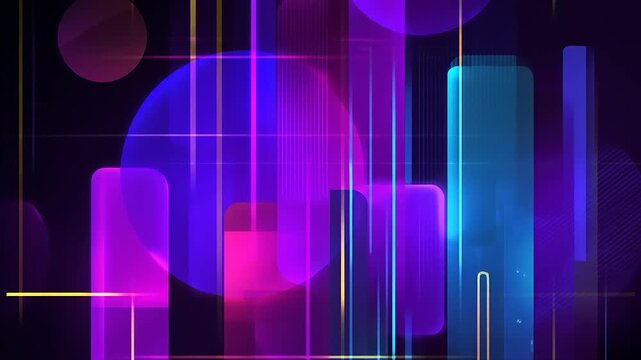Abstract digital art with geometric shapes and gradients in purple, blue, gold, on a dark backdrop