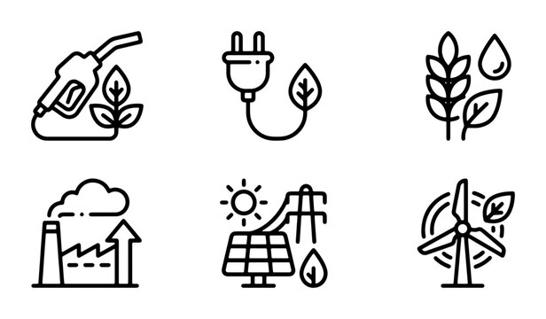Eco-friendly energy icons: renewable power, sustainable fuel, and green industry symbols for environmental concepts, 6 graphic elements