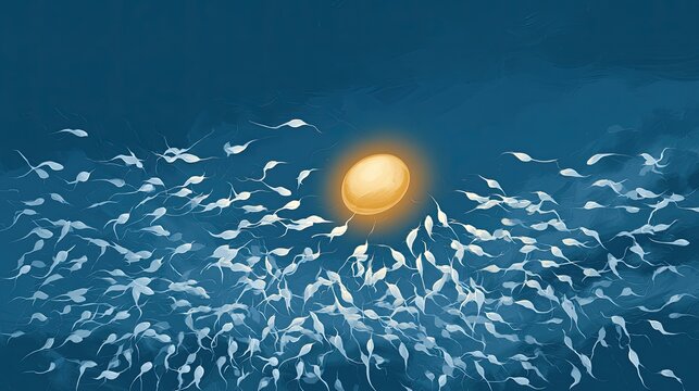 Swarming sperm cells converge on a glowing golden sphere in a dark blue expanse