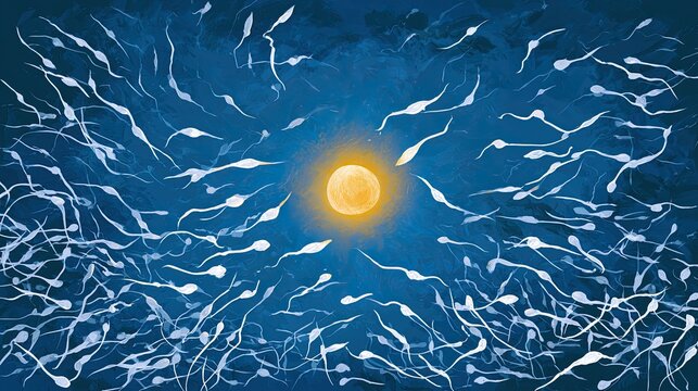 Sperm swarm an ovum in a stylized, dark blue, cosmic-like background