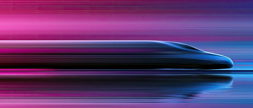 Sleek, dark train blurs through a vibrant, streaking pink and blue abstract landscape