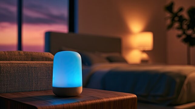 Ambient glow illuminates cozy bedroom with soft hues and warm light