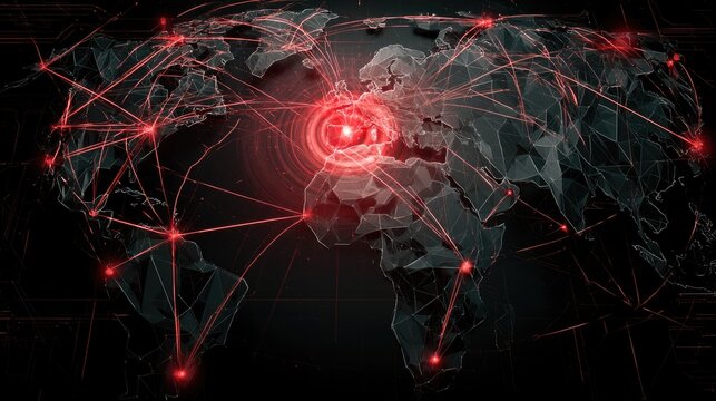 Global network connections shown with a central red hazard on a stylized world map