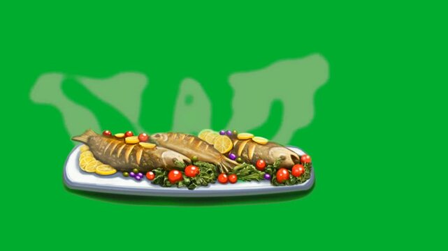2d animation Roasted fish platter dish with hot steam smoking animation on green screen. Ceramic tray plate full of healthy baked seafood with fresh lemon slices and tomatoes animation on green