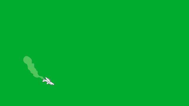 2d animation Airplane smoke trail flying fast diagonally across frame animation on green screen. Small white jet aircraft jetliner traveling with high speed gas emission pollution cloud line overlay