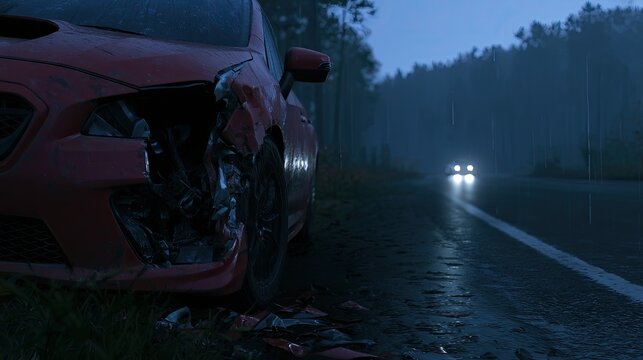 Damaged red car roadside in rain, headlights approaching on road