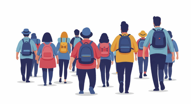 Diverse Group of Students Walking Together with Backpacks.