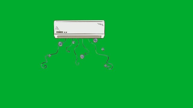 2d animation Air conditioner system appliance hanging on a wall cooling a room animation on green screen. Split AC unit blowing fresh wind flow breeze stream with cold temperature curly lines vector