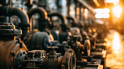 Rusty industrial pipes and valves bathed in warm, hazy sunlight