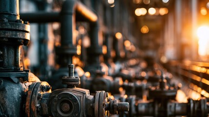 Obraz premium Industrial valves and pipes stretch into golden, hazy background