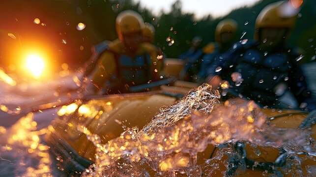 Sunlit whitewater raft splashing, adventure