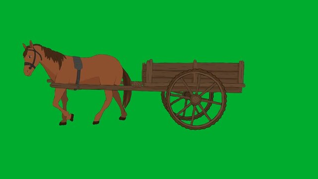 2d animated Horse pulling a classic wooden cart on animation on green screen. Ideal for professional video editors, content creators, stock footage libraries, high quality projects, seamless overlay