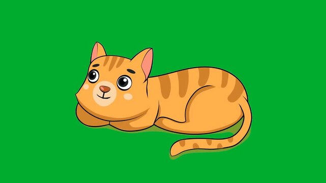 2d animation Ginger cat lying down comfortably looking at camera with a happy smile animation on green screen. Beautiful orange striped domestic kitten pet animal portrait layout avatar animation