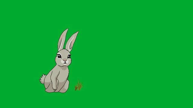 2d animated Grey rabbit sitting on the grass facing forward on animation on green screen. Ideal for professional video editors, content creators, stock footage libraries, high quality projects,