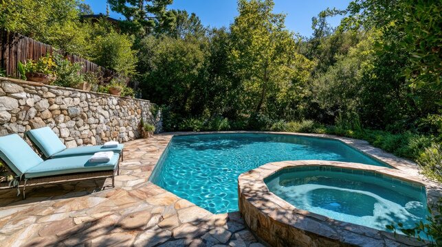 Sunlit private pool and spa nestled in lush, wooded hillside landscape