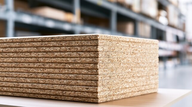 Stacked composite wood boards, their layered texture evident, in a warehouse