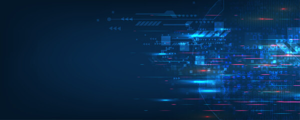 Obraz premium Abstract technology background with glowing lights and digital data flow on dark blue background.