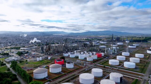 Panoramic aerial view over vast oil refinery with white and red storage tanks distillation towers and smoke rising above dense residential city and mountain range under cloudy sky. Hualp&eacute;n, Biob&iacute;o, Ch