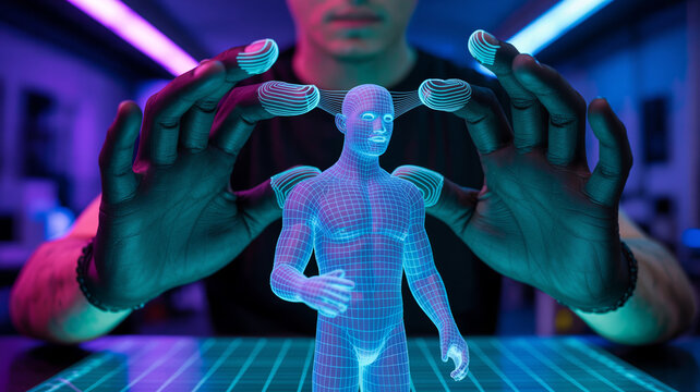 Digital artist sculpting 3D holographic clay model with AR gloves, neon wireframes