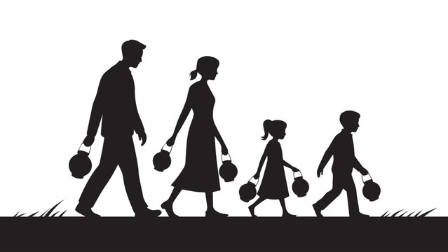 Silhouette of a family group walking in a row while carrying glowing ramadan lanterns