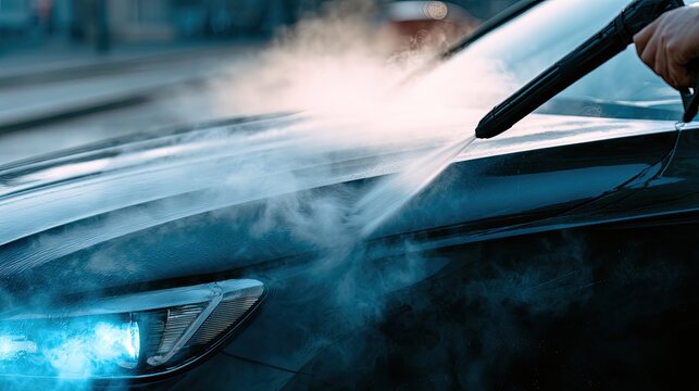 Steam cleaning a dark vehicle's hood and headlight