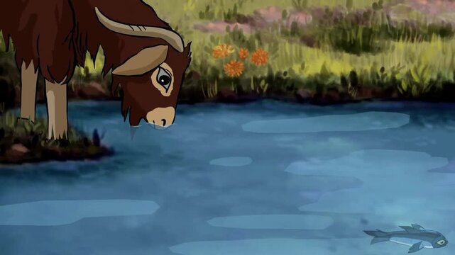 2d animated Animal hooves and legs of livestock grazing near the edge of a fresh water stream. This beautifully handpainted scenery footage asset is highly optimized for creative postproduction