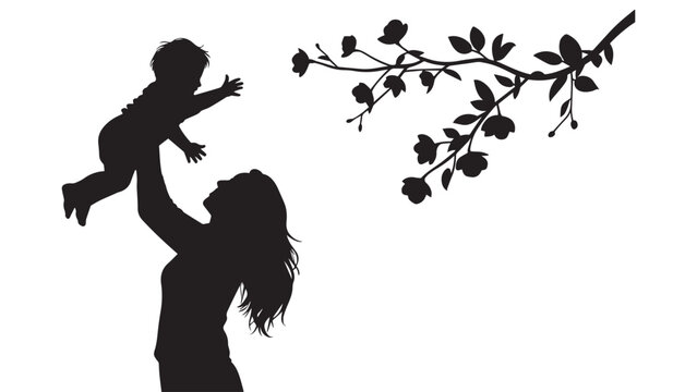 Full body mother silhouette holding up her little baby underneath a blooming tree branch