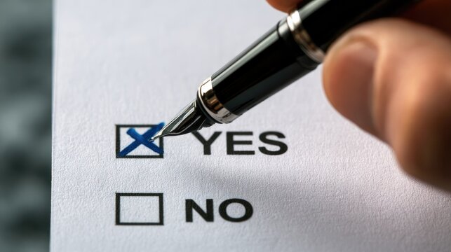 Hand holding pen marking "YES" on a survey form, close-up