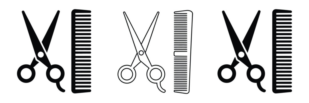 Barbershop scissors and comb icon collection in crossed style for hair styling salon grooming and beauty service concepts