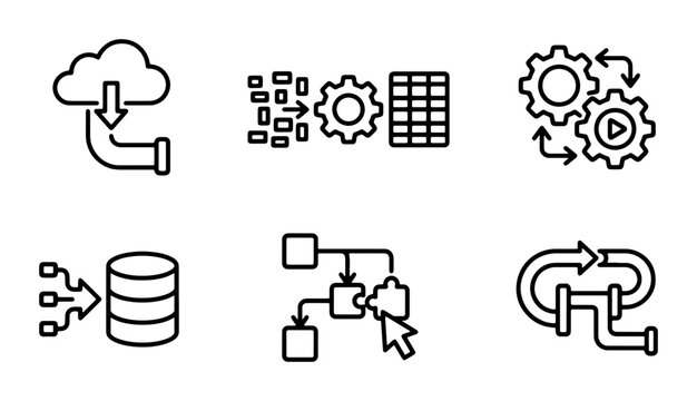Data Processing Icons Set, Workflow Automation Symbols, Cloud Computing Graphics, Database Management Icons, System Logic Flowcharts, Technology Process Icons