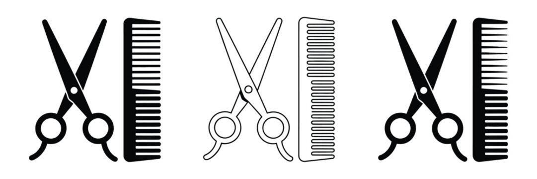 Scissors and comb hairstyling icon set featuring crossed barber tools vector illustration for salon and grooming design