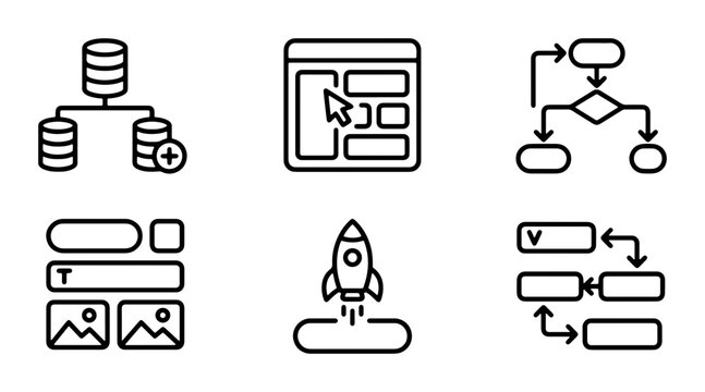 Modern Business Workflow Icons Set, Data Management & Project Planning Vector Graphics, Startup Launch & Process Flow Charts