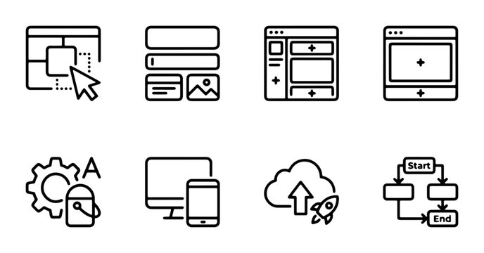 Web Design Icons Set, UI UX Elements, Wireframe Tools, Development Workflow, Responsive Layouts, Cloud Upload, Coding Symbols, Vector Graphics