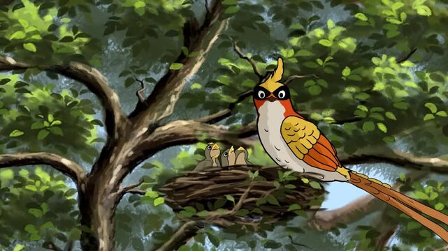 2d animated Colorful exotic bird perched gracefully on a branch right next to a small wild nest. An exceptional premium backdrop option for digital compositors, expert video editors, freelance film.