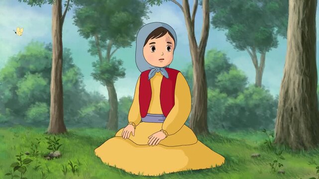2d animated Traditional village girl character sitting peacefully on green grass in a forest. An exceptional premium backdrop option for digital compositors, expert video editors, freelance project.