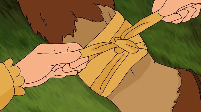 2d animated Close up hands tying a secure yellow fabric knot cloth bandage around a person body. Carefully crafted graphic background scenery ideal for web presentation creators, visual effects