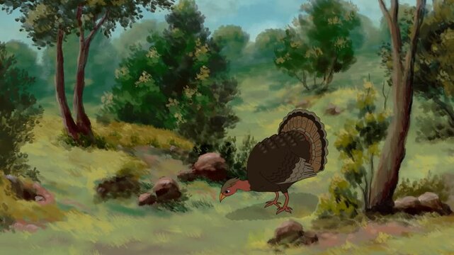2d animated Wild turkey bird walking and foraging along a scenic woodland countryside dirt trail. An exceptional premium illustrated backdrop asset choice for digital compositors, expert video film.