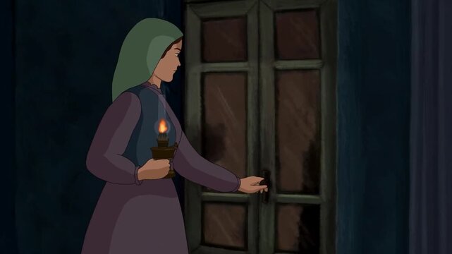 2d animated Traditional village woman standing inside a dark room holding a burning oil candle lamp. Beautiful graphic cartoon backdrop scenery ideal for multiplatform content developers,