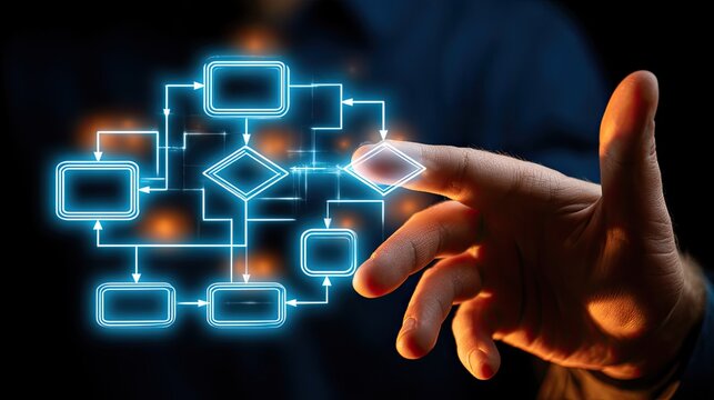 Hand interacting with a glowing blue digital flow chart against dark background